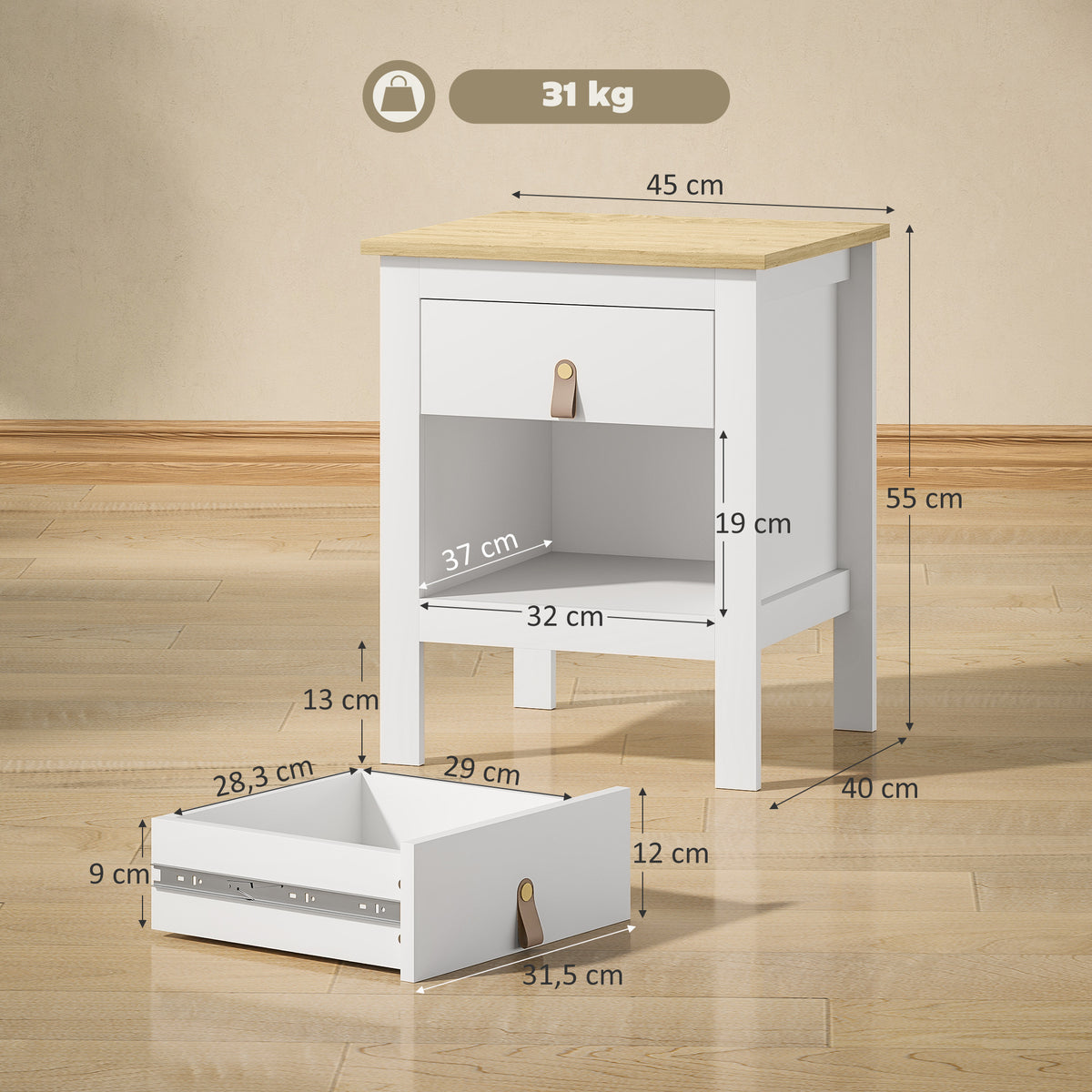 Mesa de Cabeceira Moderna Mesa de Cabeceira com 1 Gaveta Compartimento Aberto Puxador de PU Mesa Auxiliar para Sala ou Quarto 45x40x55 cm Branco — foto 3