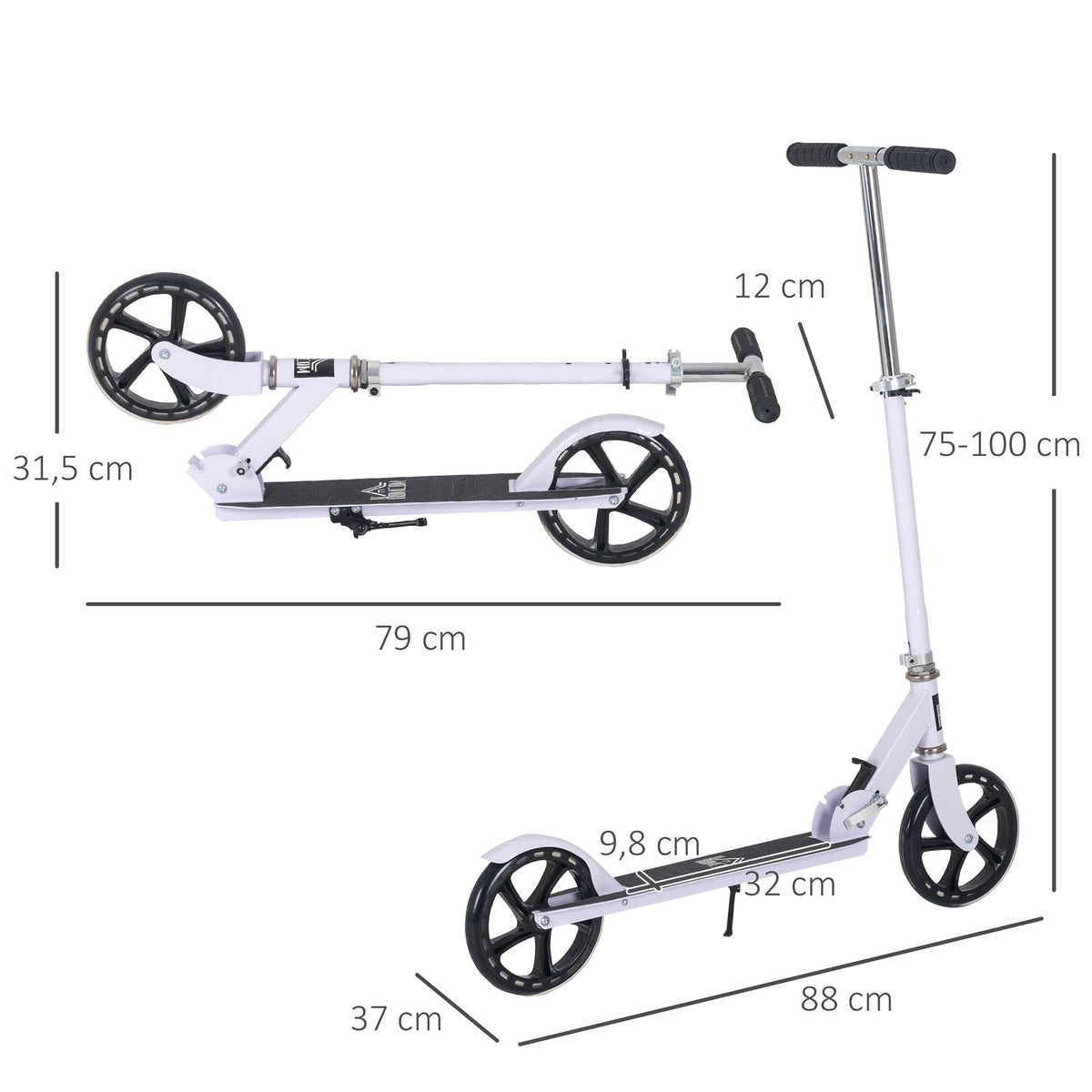 Trotinete Dobrável para Crianças de 7 a 14 Anos Trotinete Infantil com Guiador Ajustável em 4 Níveis e Travão 88x37x75-100cm Branco — foto 3
