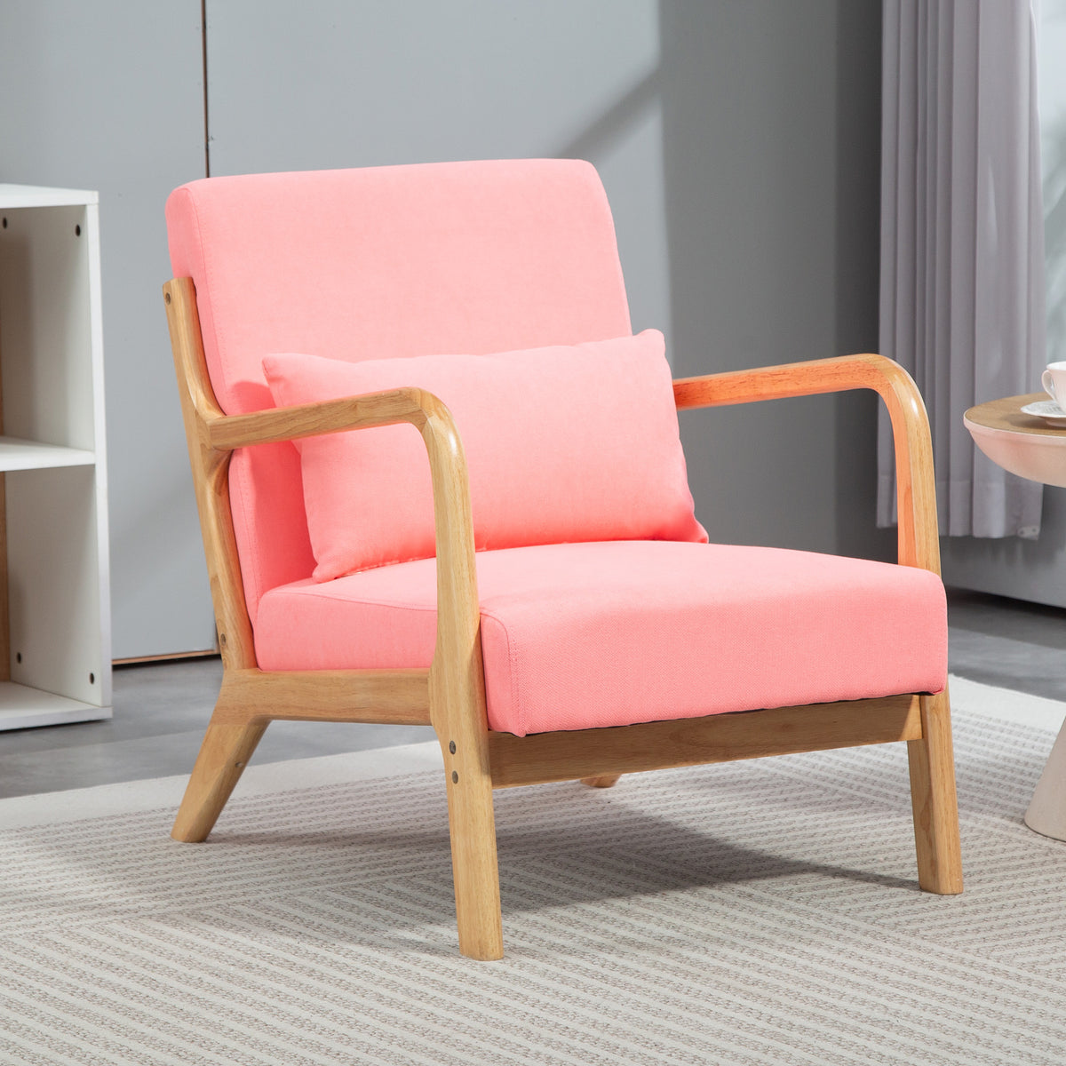 Poltrona Sala de Estar Nórdica Poltrona Individual Acolchoada com Apoio para os Braços e Estrutura de Madeira de Borracha para Dormitório Carga 120 kg 61x78x76 cm Rosa — foto 2