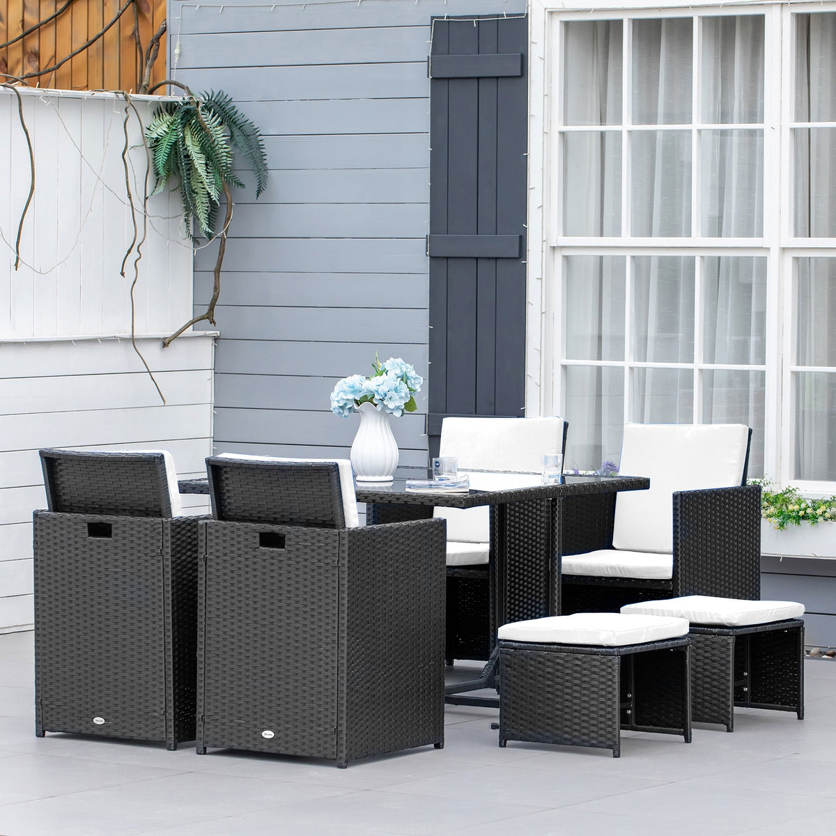 Conjunto de Móveis de Vime PE para Jardim Conjunto de 9 peças Mesa Cadeiras e Bancos com Almofadas para Exterior Preto — foto 2
