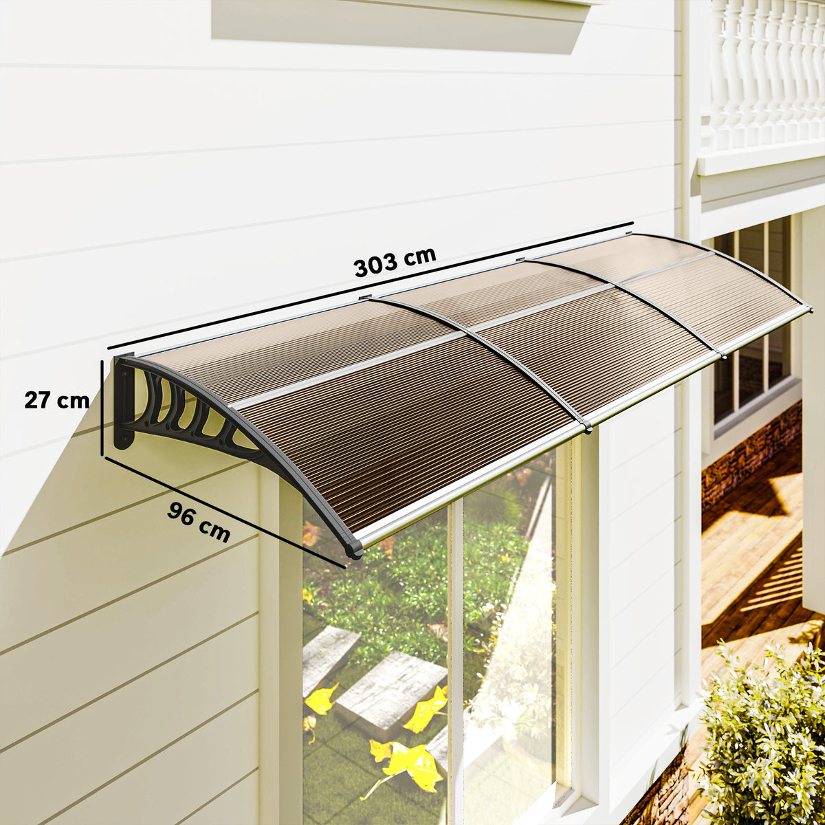 Marquise para Exterior de Portas e Janelas, 303x96 cm, Cobertura de Proteção contra Sol e Chuva, com Painel de Policarbonato e Barras de Alumínio, Castanho — foto 3