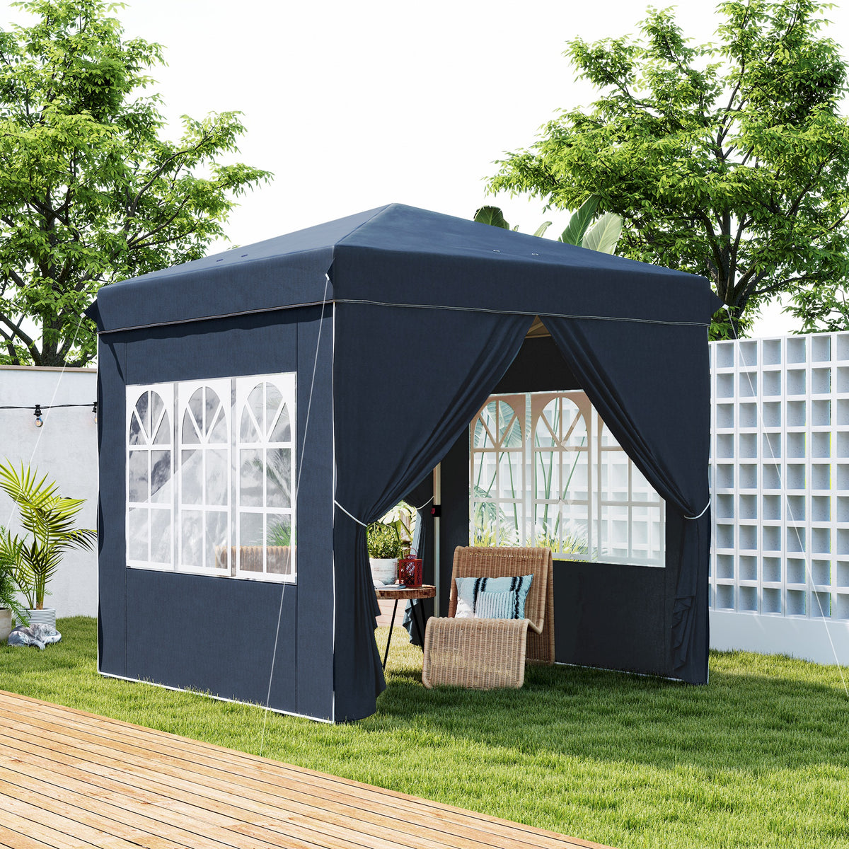 Tenda Dobrável Pop-Up Tenda 248x248x270 cm com 4 Paredes Laterais Anti-UV Altura Ajustável e Bolsa de Transporte para Campismo Festas Azul Escuro — foto 2
