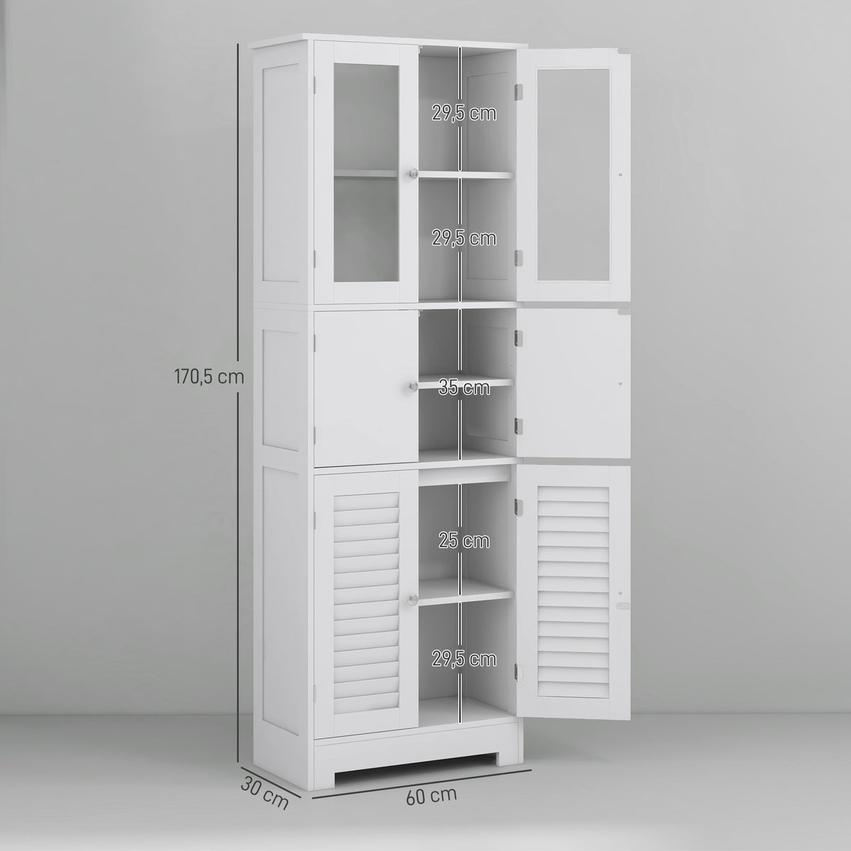 Coluna de Casa de Banho Móvel Auxiliar para Casa de Banho com 6 Portas Prateleiras Ajustáveis Anti-tombo Armário de Casa de Banho Moderno 60x30x170,5 cm Branco — foto 3