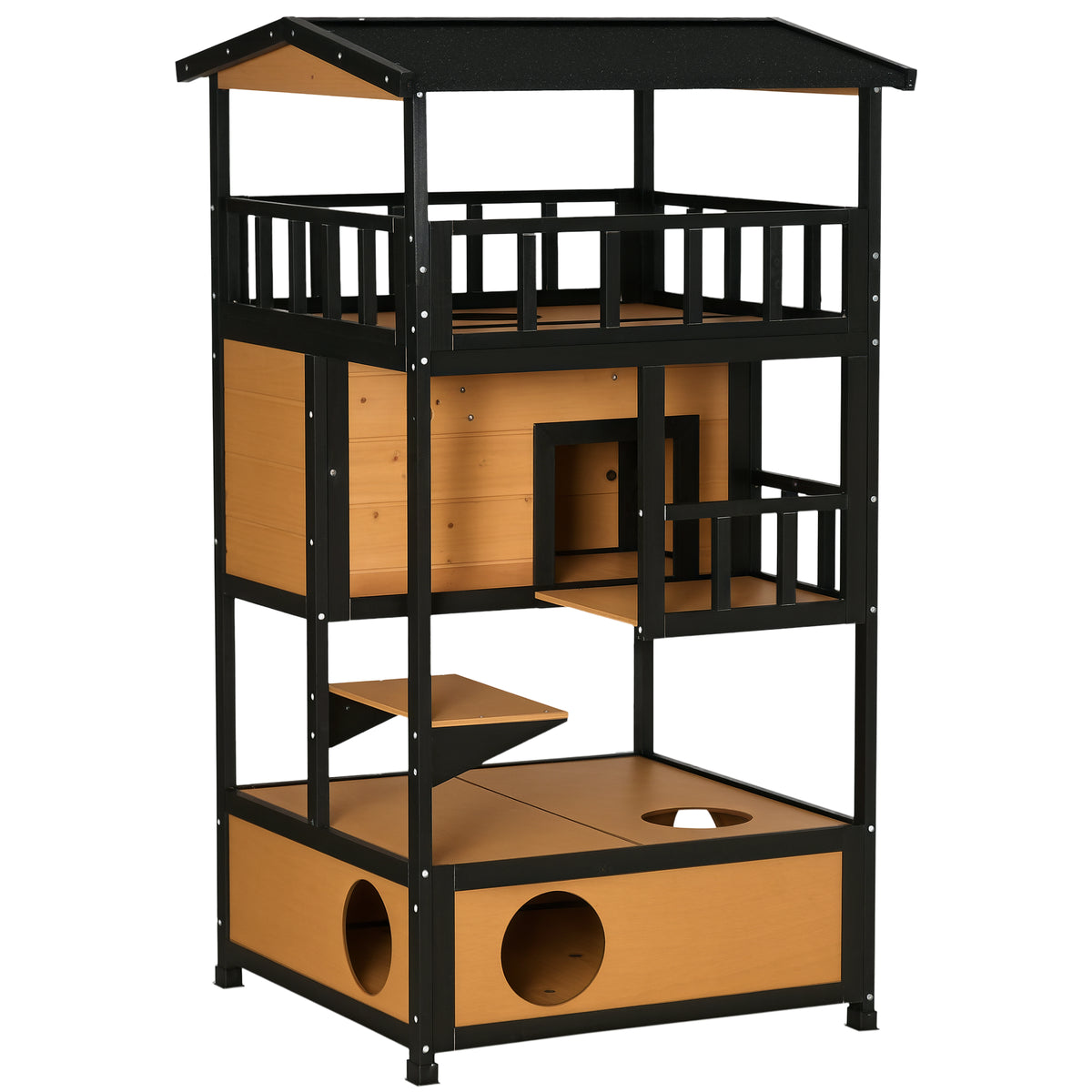 Casa para Gatos de Madeira 75,5x75x137 cm Abrigo para Gatos com Telhado Asfáltico Plataformas e Ninho para Interior e Exterior Natural — foto 1