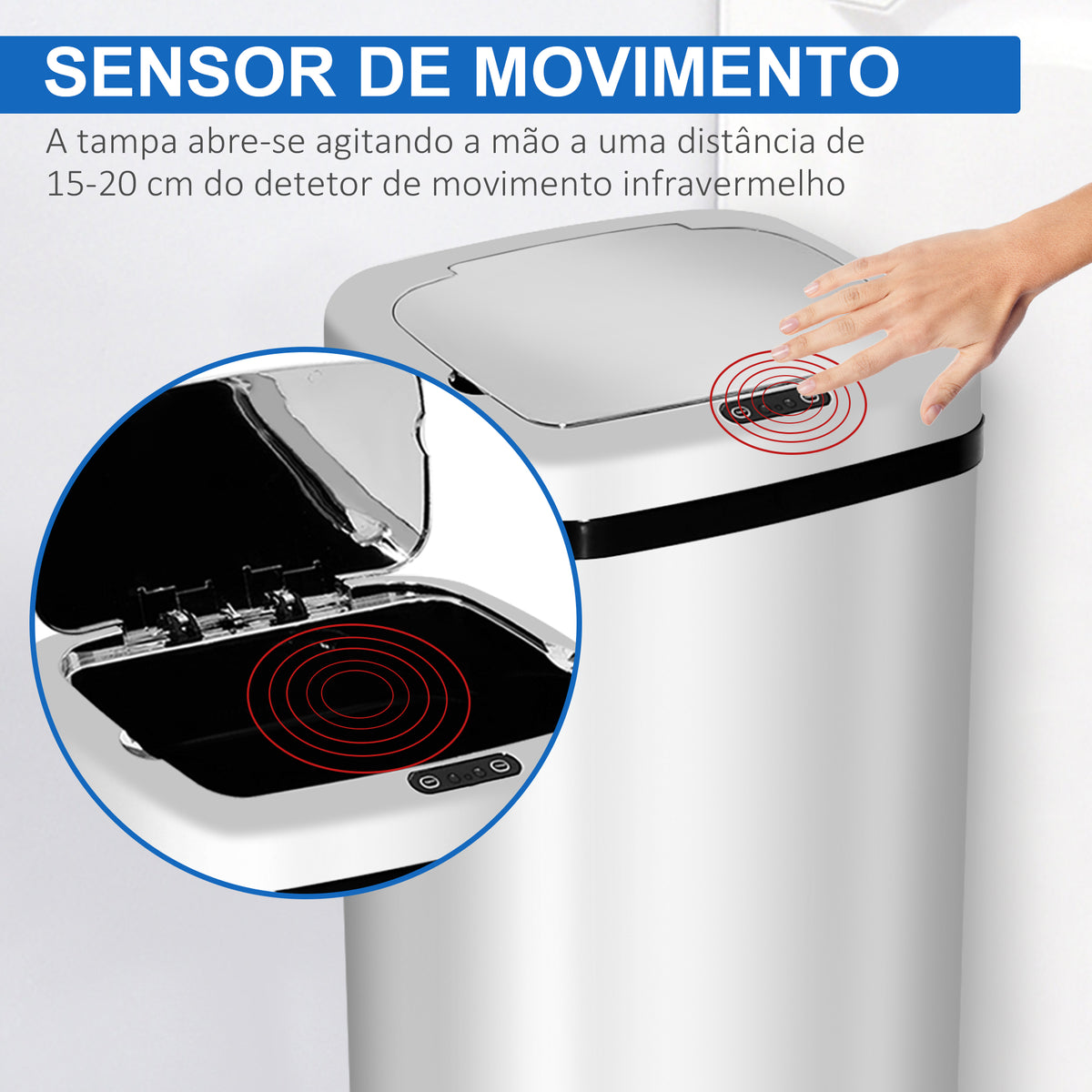 Balde de Lixo Inteligente 50L com Sensor Infravermelho Botão Tátil Balde de Lixo com Abertura Automática Quadrado 33x25x84 cm Prata — foto 5
