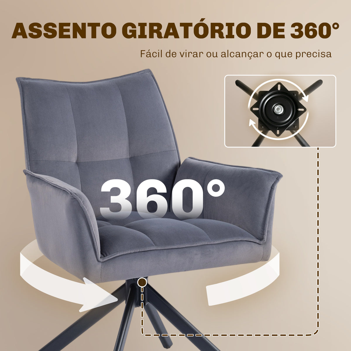 Conjunto de 2 Cadeiras de Refeição Giratórias 360° Cadeiras de Cozinha com Apoio de Braços Encosto Estofado Estofamento em Veludo Pés em Aço para Escritório Conferência Sala de Estar 63x64x85 cm Cinza — foto 5