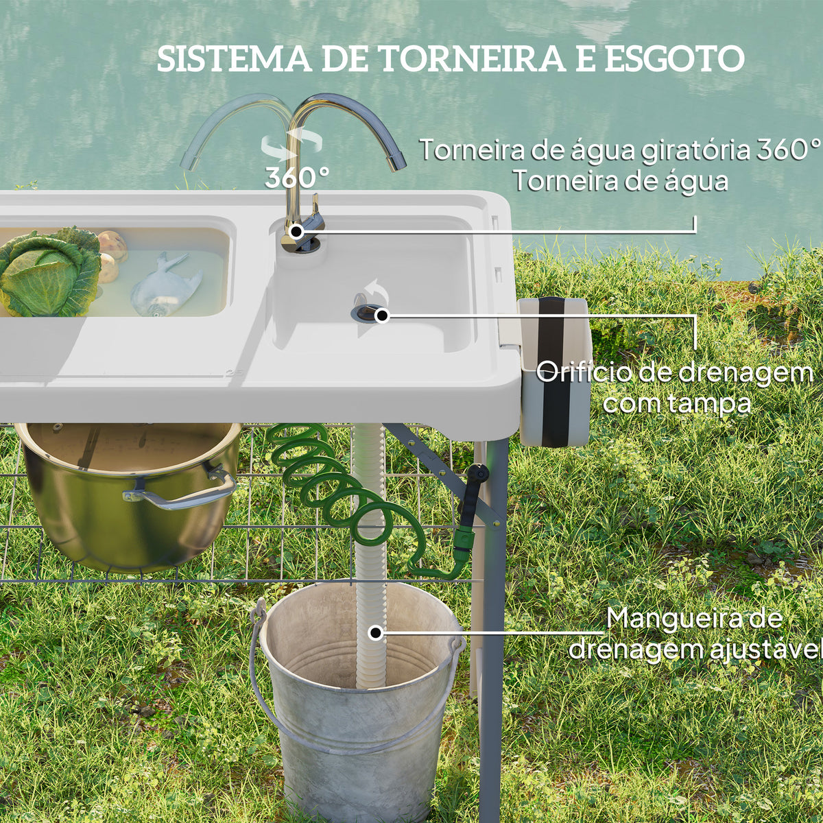 Mesa para Campismo Dobrável Mesa Mesa com 2 Lavatórios Mangueira de Drenagem Estação de Limpeza para Pesca Exterior 108x58x92 cm Branco — foto 4