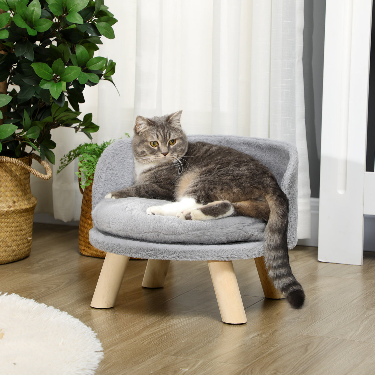 Cama Elevada para Cães Cama para Cães Mini com Almofada Lavável e Estrutura de Madeira e Almofadas Antiderrapantes para Interior Ø40,5x33 cm Cinza — foto 2