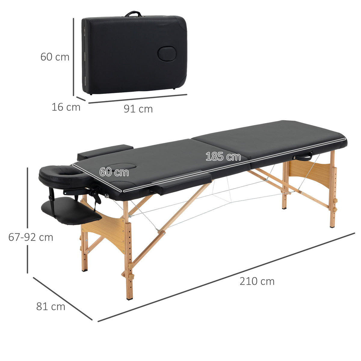 Marquesa de Massagem Dobrável Marquesa com Altura Ajustável 61-88 cm Desenho Ergonómico para Utilização Profissional Fácil de Transportar 185x60 cm Preto — foto 3