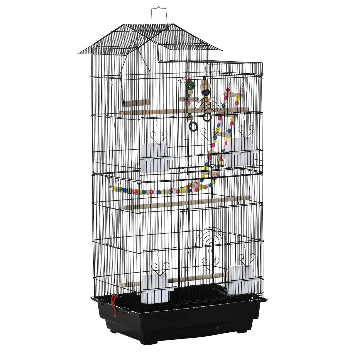 Gaiola para Passáros Gaiola de Metal com Múltiplas Portas 4 Comedouros 3 Poleiros Baloiço Escadas e Bandeja Removível para Periquitos Canários 46x36x100cm Preto — foto 1