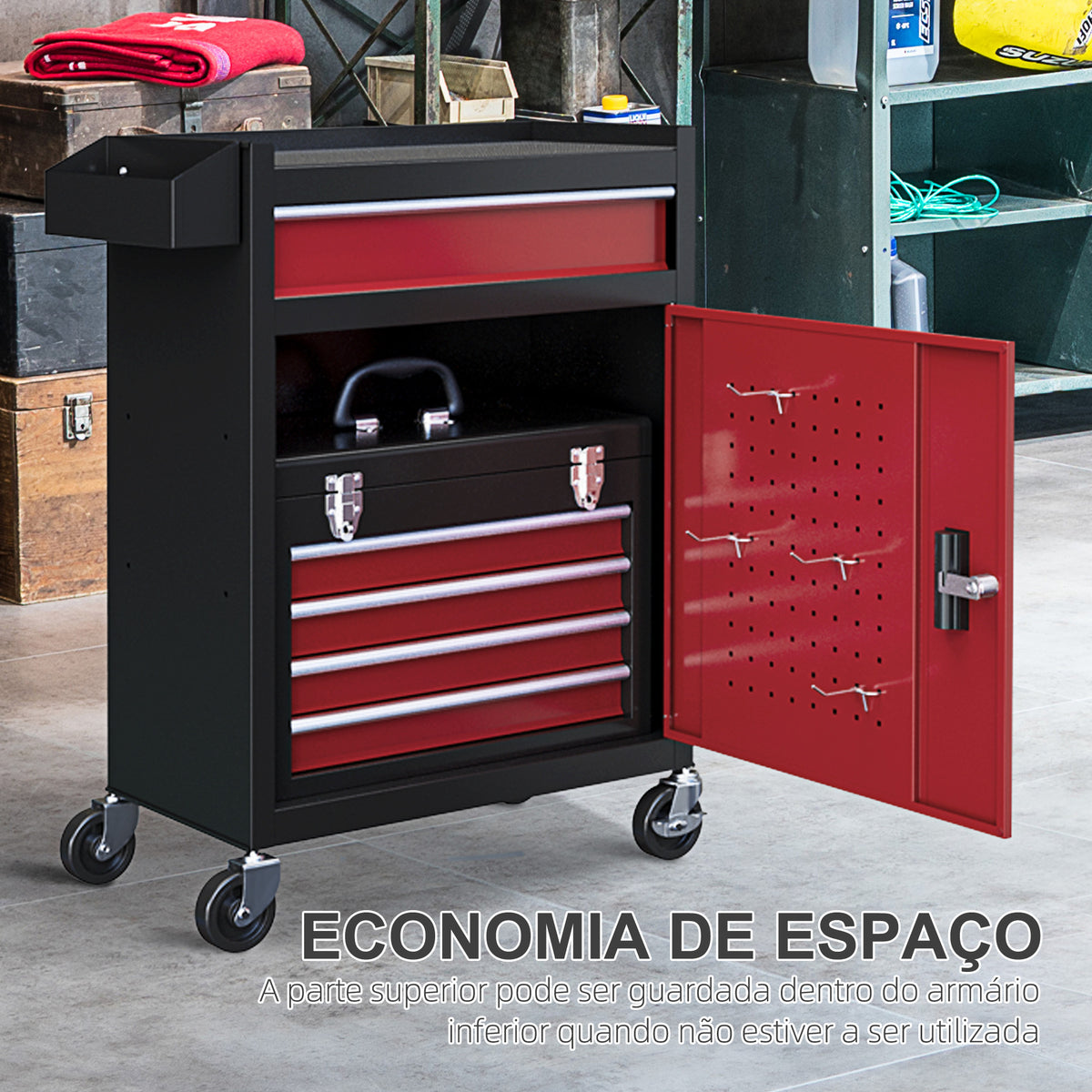 Carrinho de Ferramentas Caixa de Ferramentas de Aço Carrinho para Oficina com Rodas Porta 5 Gavetas e Fechadura de Aço para Garagem Oficina Preto e Vermelho — foto 5