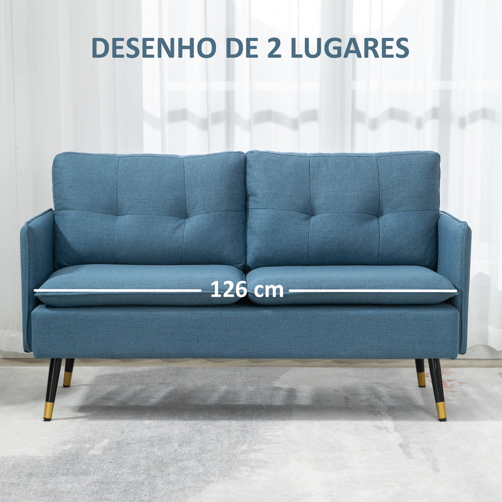 Sofá de 2 Lugares Estofado em Linho Sofá de Sala 139 cm com Almofadas Apoios de Braço e Pés de Aço para Quarto Escritório Carga 240 kg Azul — foto 6