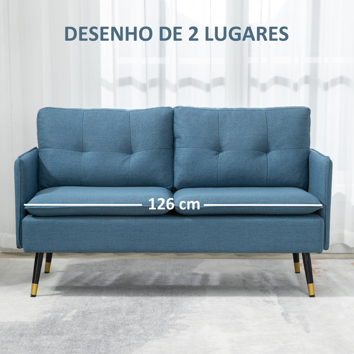 Sofá de 2 Lugares Estofado em Linho Sofá de Sala 139 cm com Almofadas Apoios de Braço e Pés de Aço para Quarto Escritório Carga 240 kg Azul — foto 6