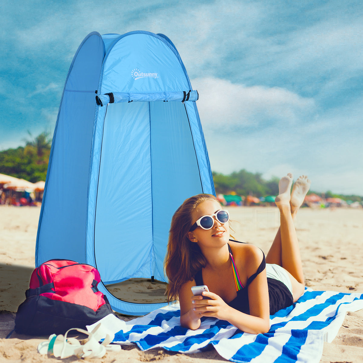 Tenda de Duche para Campismo Dobrável Pop UP Tenda de Privacidade com proteção UV e Tecido Impermeável 100x100x185cm Azul — foto 2