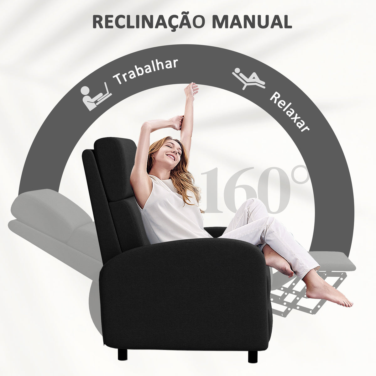 Poltrona Relax Reclinável até 160° Poltrona Reclinável Manual com Apoio para os Pés Carga Máxima 120 kg para Sala de Estar Dormitório 64x86x102 cm Preto — foto 4