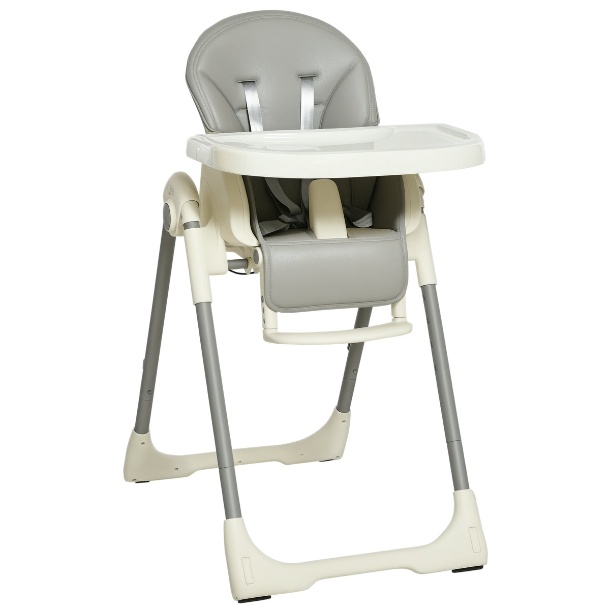 Cadeira de refeição ajustável e dobrável para bebê acima de 6 meses com bandeja dupla Cadeira de refeição portátil Reclinável com 2 rodas e freios 55x80x104 cm Cinza — foto 1