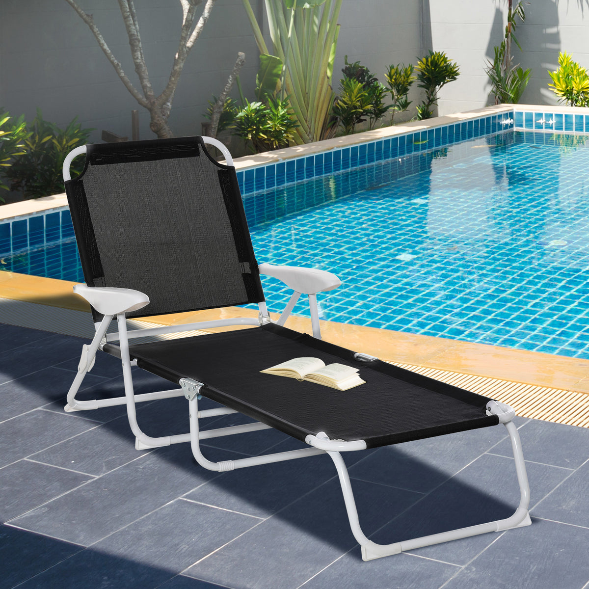 Espreguiçadeira de jardim reclinável e dobrável com encosto ajustável em 4 posições Armação de metal textilene 160x66x80 cm Preto — foto 2