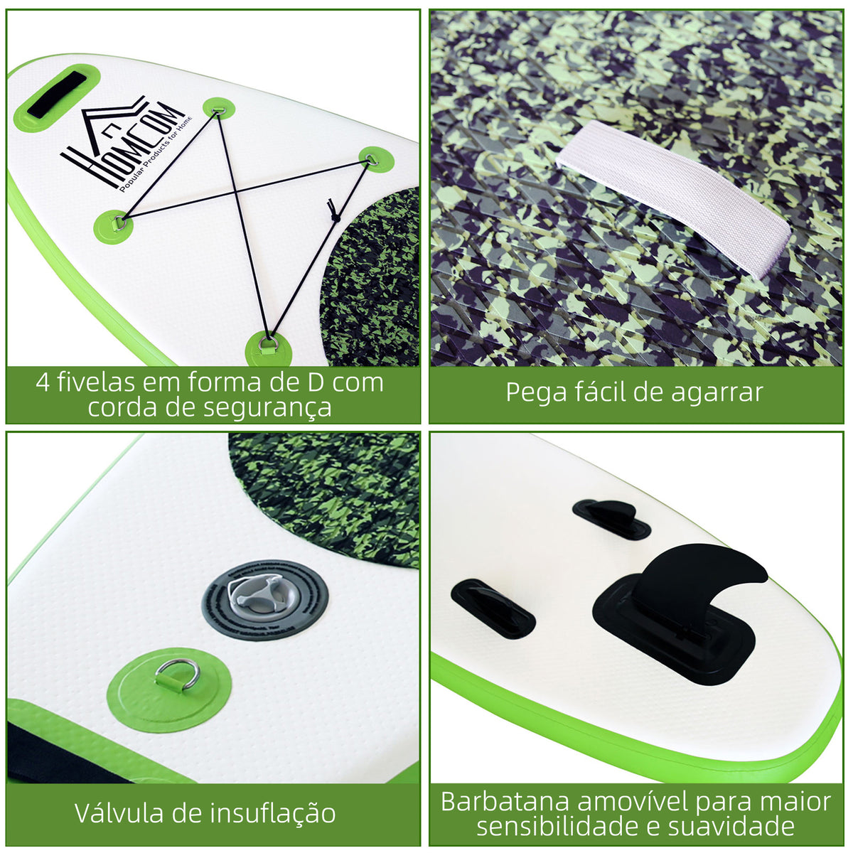 Prancha de Paddle Surf Inflável com Remo Ajustável entre 160-210cm com Barbatana Removível Bolsa de Transporte e Bomba de Insuflar Carga 100 kg 302x76x10cm Verde — foto 4