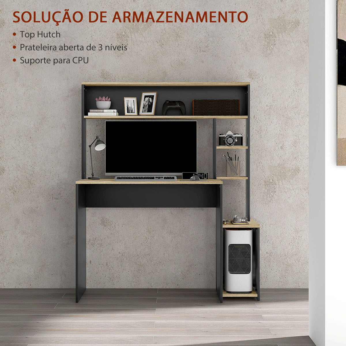 Secretária para Computador com Prateleira de 3 Níveis Mesa de Estudo com Suporte para CPU e Prateleira Superior para Casa Escritório 114x45x138 cm Cinza e Natural — foto 4
