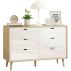 Cómoda 6 Gavetas Cómoda Quarto com Pernas de Madeira Cómoda para Sala Escritório Estilo Moderno 110x40x75 cm Branco Brilhante e Carvalho — foto 1
