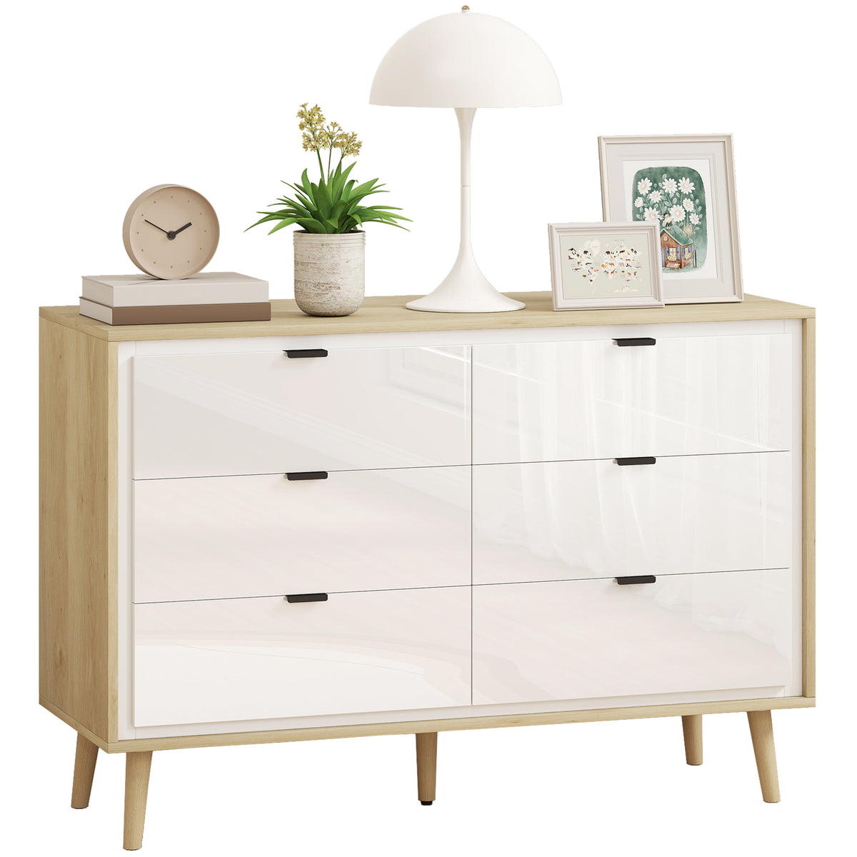 Cómoda 6 Gavetas Cómoda Quarto com Pernas de Madeira Cómoda para Sala Escritório Estilo Moderno 110x40x75 cm Branco Brilhante e Carvalho — foto 1