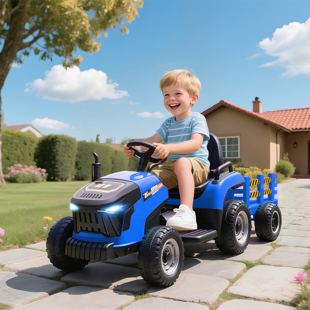 Trator Elétrico para Crianças com Reboque Desmontável Bateria 12V Velocidade 3-5 km/h Controle Remoto 2,4G Música Buzina para Crianças de 3-8 Anos 139x58x55 cm Azul — foto 2