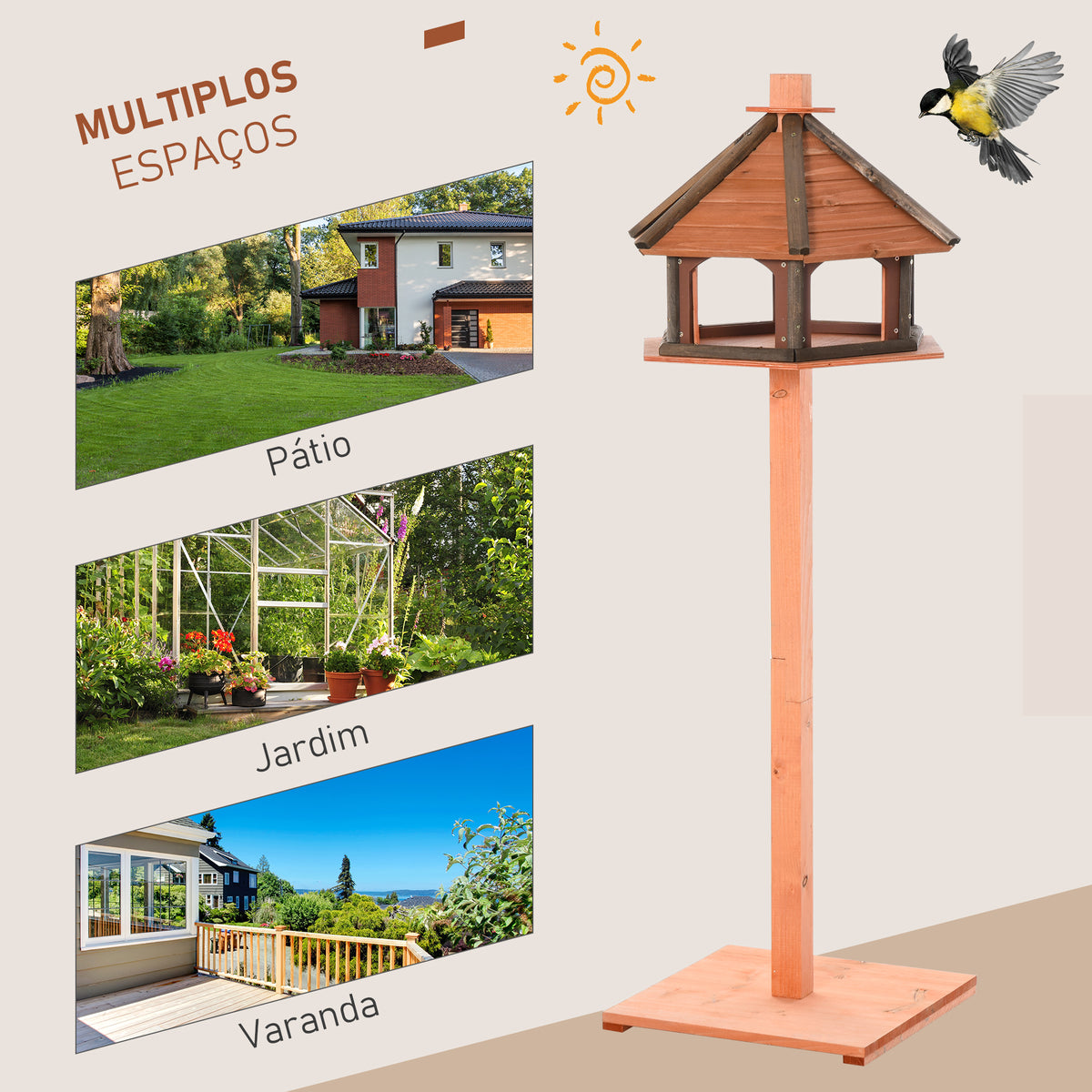 Casa para Pássaros de Pé de Madeira Maciça Ø52x130cm com Teto Comedouro para Aves Silvestres para Exterior Jardim Natural — foto 5