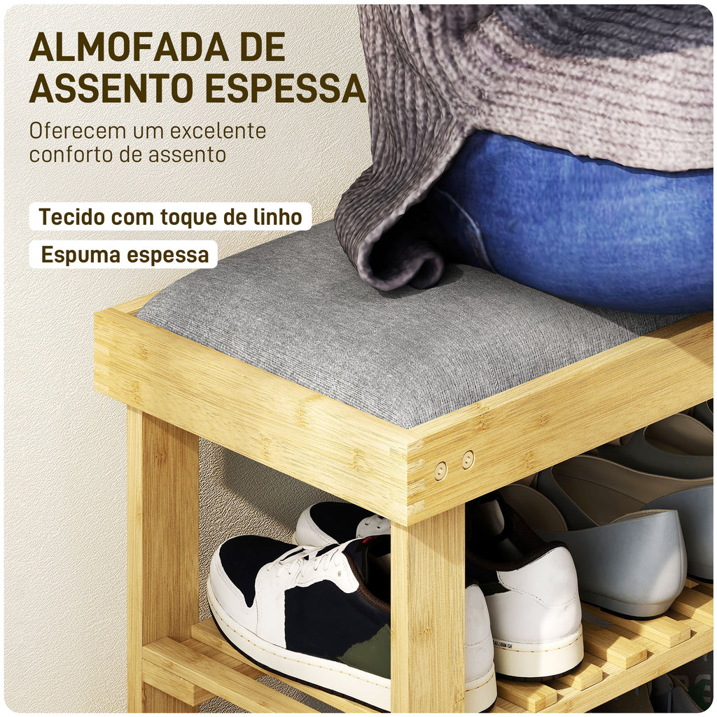 Banco Sapateira de Bambu Sapateira com Assento Almofadado 2 Prateleiras para 6 Pares de Sapatos para Entrada Dormitório 60x29x49 cm Madeira e Cinzento — foto 4
