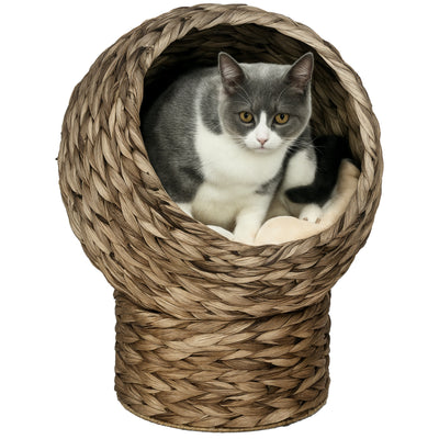 Lit pour Chats en Fibre Végétale Grotte pour Chats Démontable avec Coussin Amovible 42x33x52 cm Marron Foncé et Beige