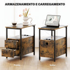 Mesa Auxiliar com Estação de Carga Entrada USB e Tomada Elétrica Mesa de Cabeceira com 2 Gavetas e Prateleira Aberta para Sala de Estar Dormitório 55x35x58,5 cm Marrom Rústico — foto 4
