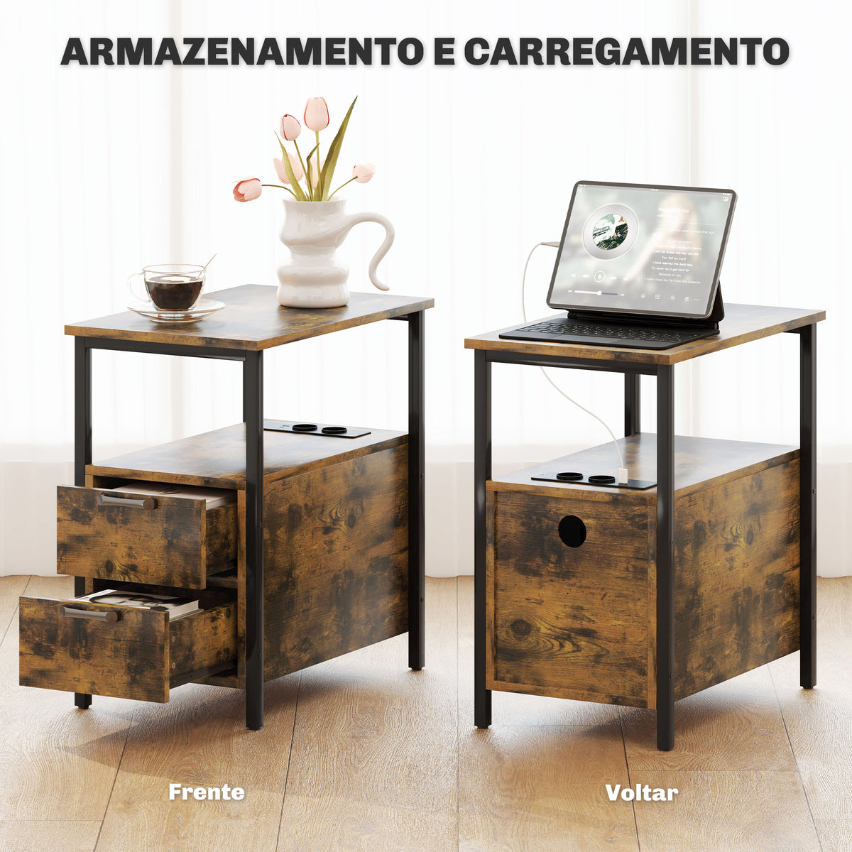 Mesa Auxiliar com Estação de Carga Entrada USB e Tomada Elétrica Mesa de Cabeceira com 2 Gavetas e Prateleira Aberta para Sala de Estar Dormitório 55x35x58,5 cm Marrom Rústico — foto 4