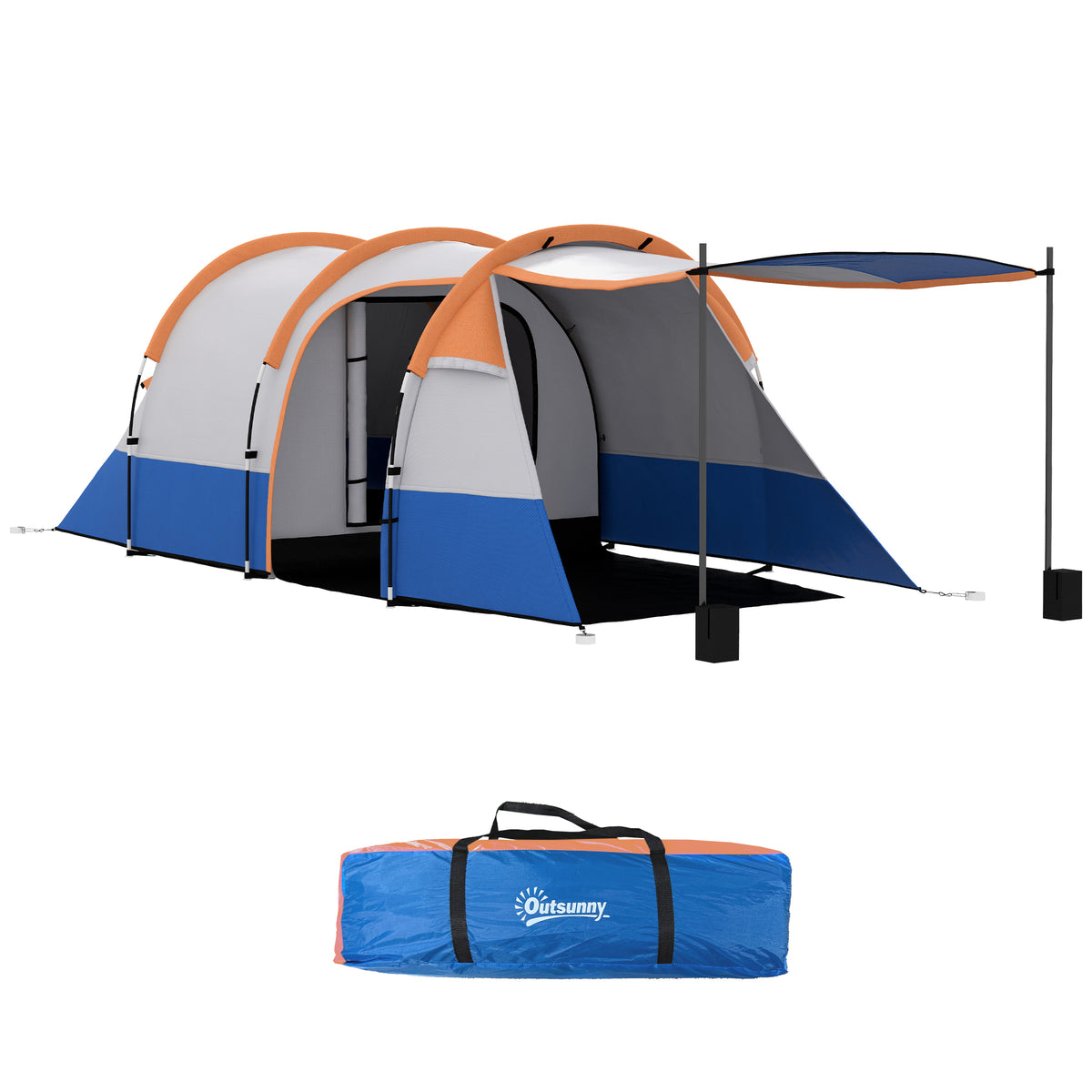 Tenda de Campismo Familiar para 3 Pessoas Tenda de Camping Dobrável Leve com 2 Compartimentos Bolsa de Transporte Impermeável 2000 mm para Praia e Caminhadas 420x200x150 cm Azul e Laranja — foto 1