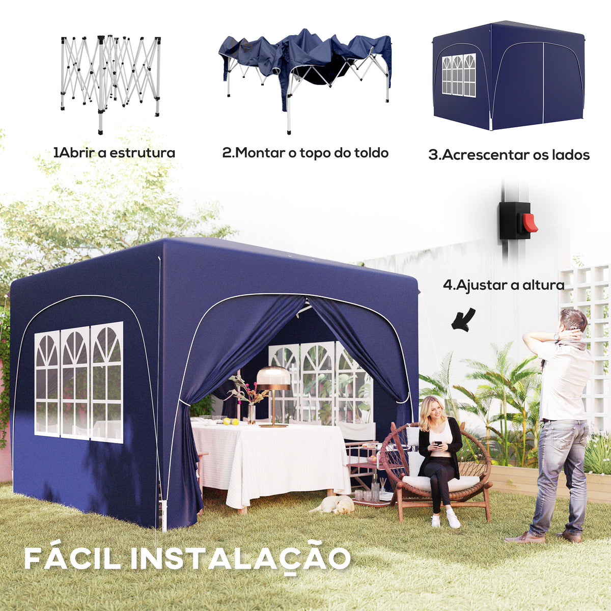 Tenda Dobrável Tenda 3x3 m com Painéis Laterais UPF50+ Tenda de Jardim com Altura Ajustável e Bolsa de Transporte para Campismo Festas Pátio Azul Escuro — foto 4