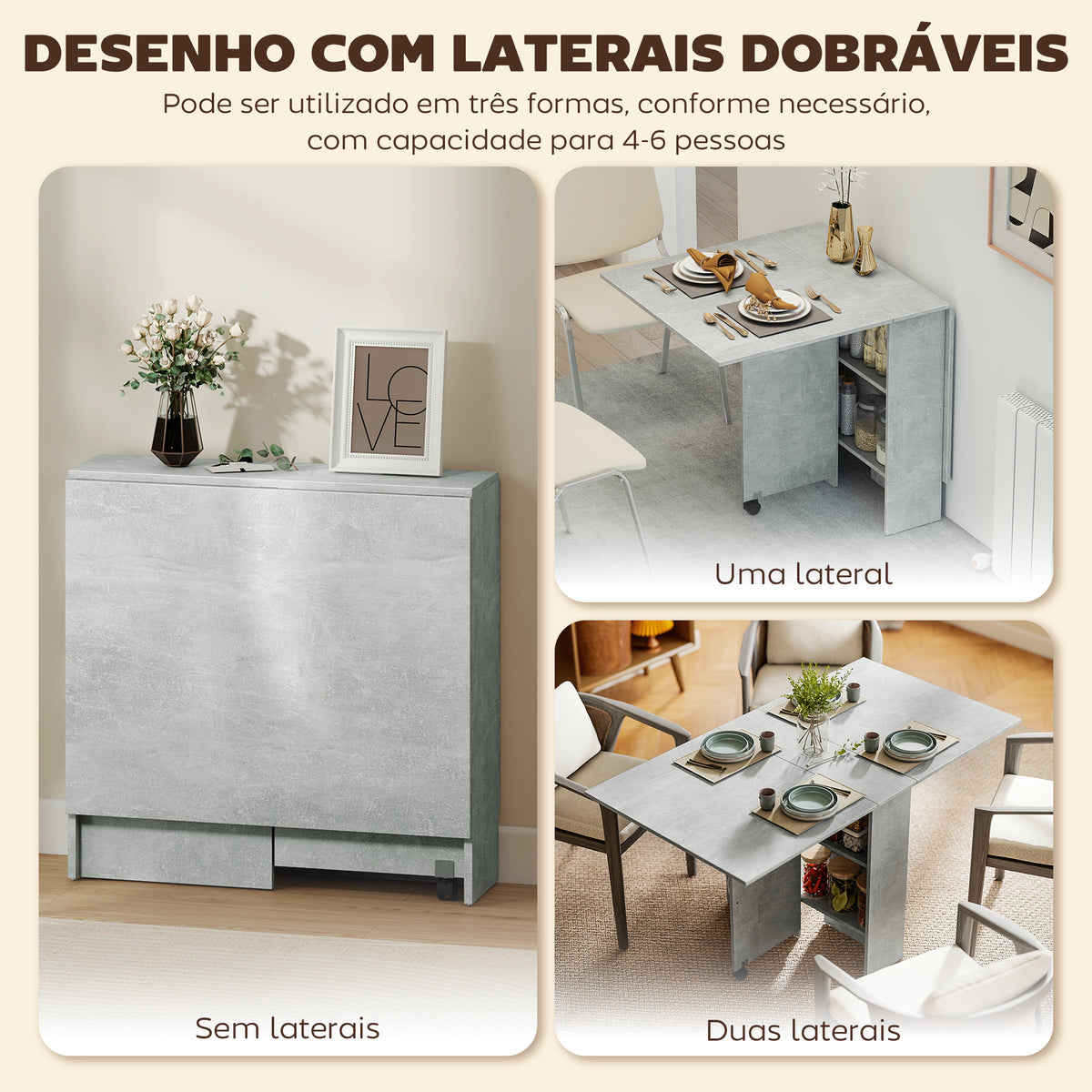Mesa de Sala de Jantar Dobrável Mesa de Madeira com 2 Prateleiras de Armazenamento e Rodas para Cozinha 75x140x74 cm Cinza — foto 4