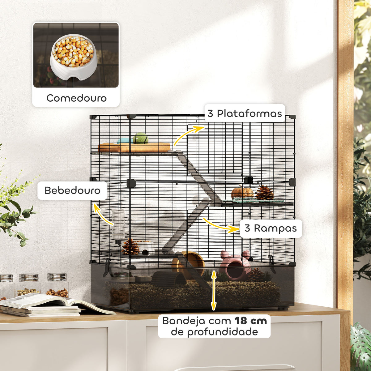 Gaiola para Pequenos Animais de 4 Níveis com Bandeja Inferior Gaiola para Roedores com Rampas Comedouro e Bebedouro Recinto para Chinchilas 73x47x80 cm Preto — foto 5