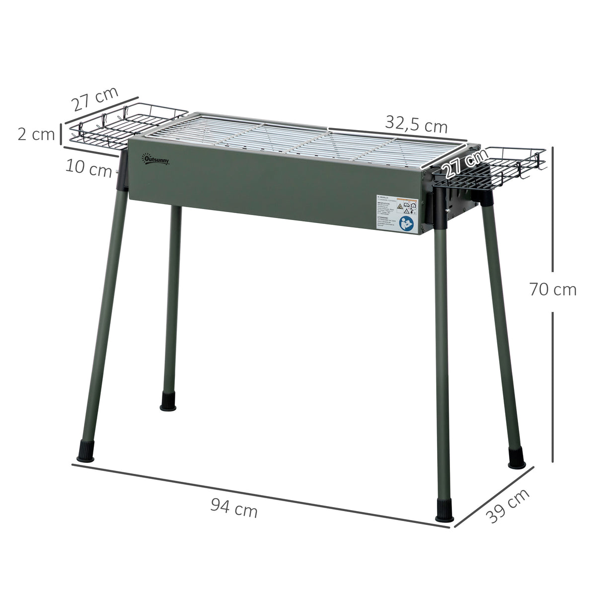Barbecue a Carvão com 2 Grelhas de Aço Inoxidável Barbecue Portátil com 2 Prateleiras para Temperos com Ganchos para Campismo Jardim 77x30x70 cm Verde — foto 3