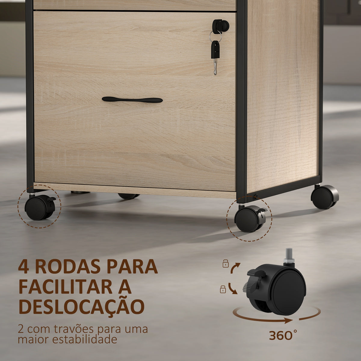 Bloco de Gavetas com Fechadura Bloco de Gavetas Escritório com Rodas 2 Gavetas Barra Suspensa para Papéis A4 e Carta e 2 Chaves 44x40x66,5 cm Madeira — foto 6