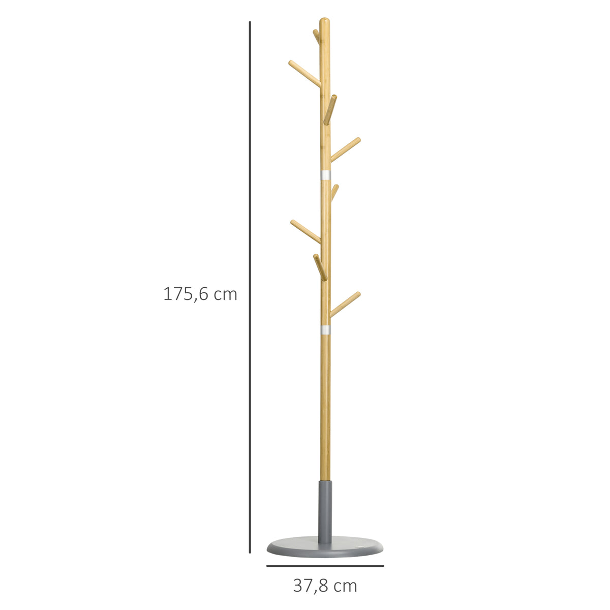 Cabide de Pé de Bambu Cabide de Pé Moderno com 8 Ganchos para Roupas Bolsas Cabide em Forma de Árvore para Entrada Dormitório Ø37,8x175,6 cm Madeira e Cinza — foto 3