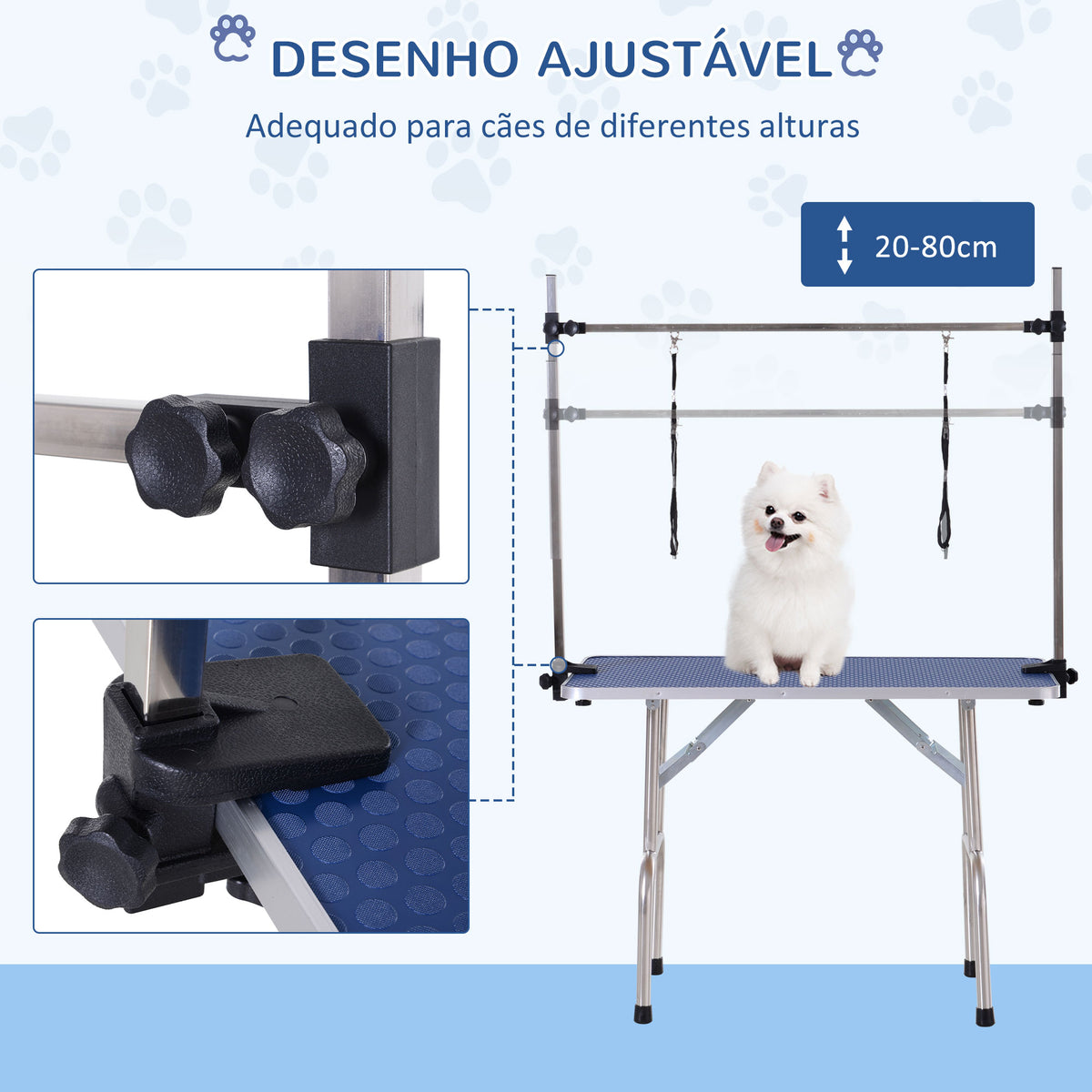 Mesa de Tosquia para Animais de Estimação Mesa de Tosquia para Cães Dobrável com Prateleira de Armazenamento Estrutura de Aço e Altura Ajustável 20-80 cm 107x60x170 cm Azul — foto 4