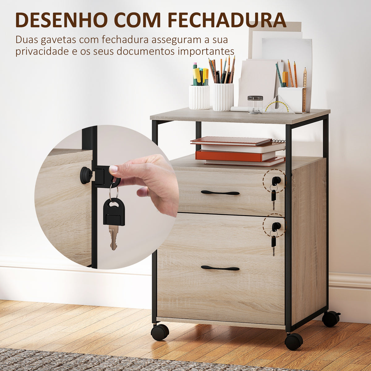Bloco de Gavetas com Fechadura Bloco de Gavetas Escritório com Rodas 2 Gavetas Barra Suspensa para Papéis A4 e Carta e 2 Chaves 44x40x66,5 cm Madeira — foto 7