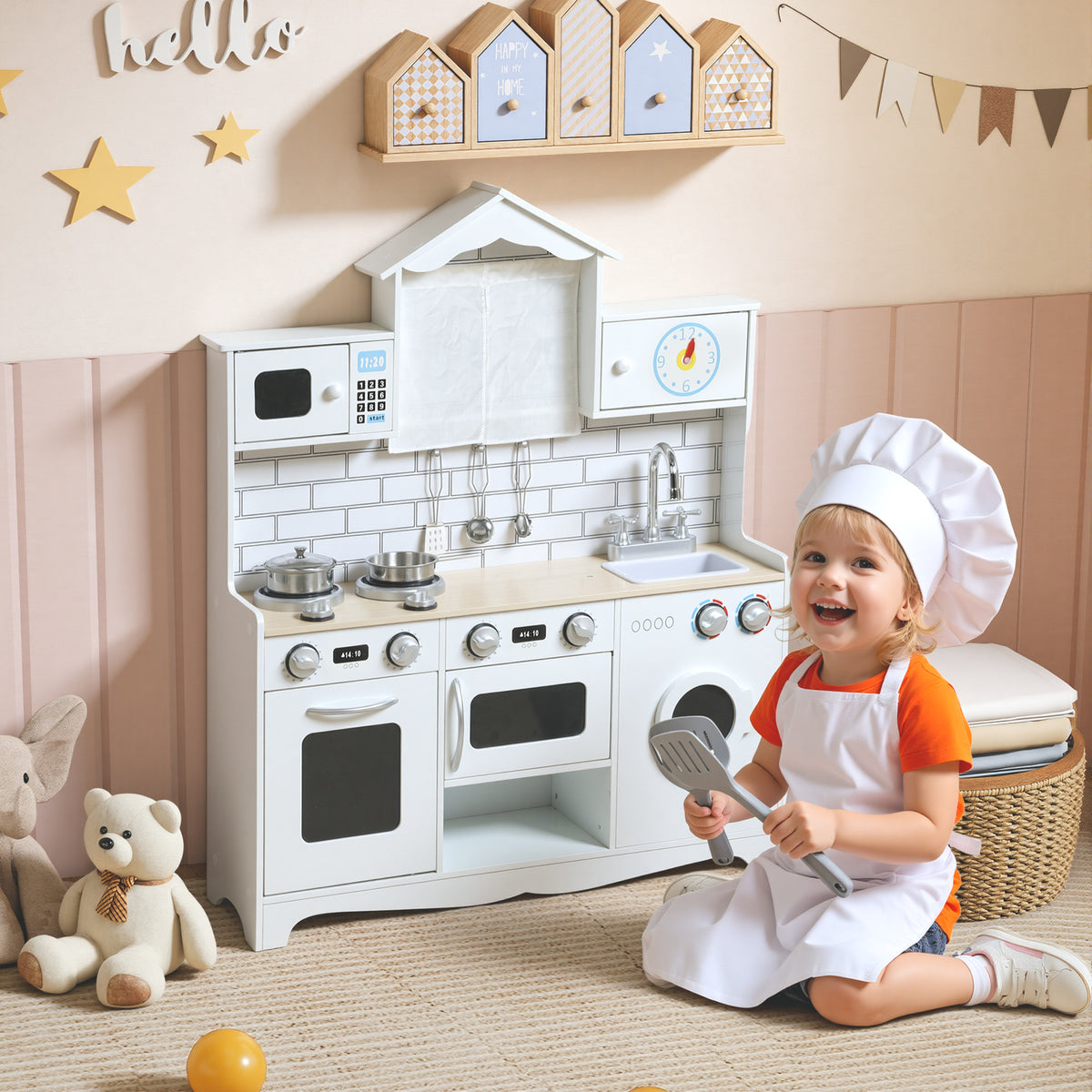Cozinha de Madeira com Som e Cortinas Cozinha de Brincar Infantil com Acessórios em Aço Inoxidável, Máquina de Lavar Micro-ondas, Lava-Loiça para Crianças a partir dos 3 Anos 79,5x24x94 cm Branco — foto 2