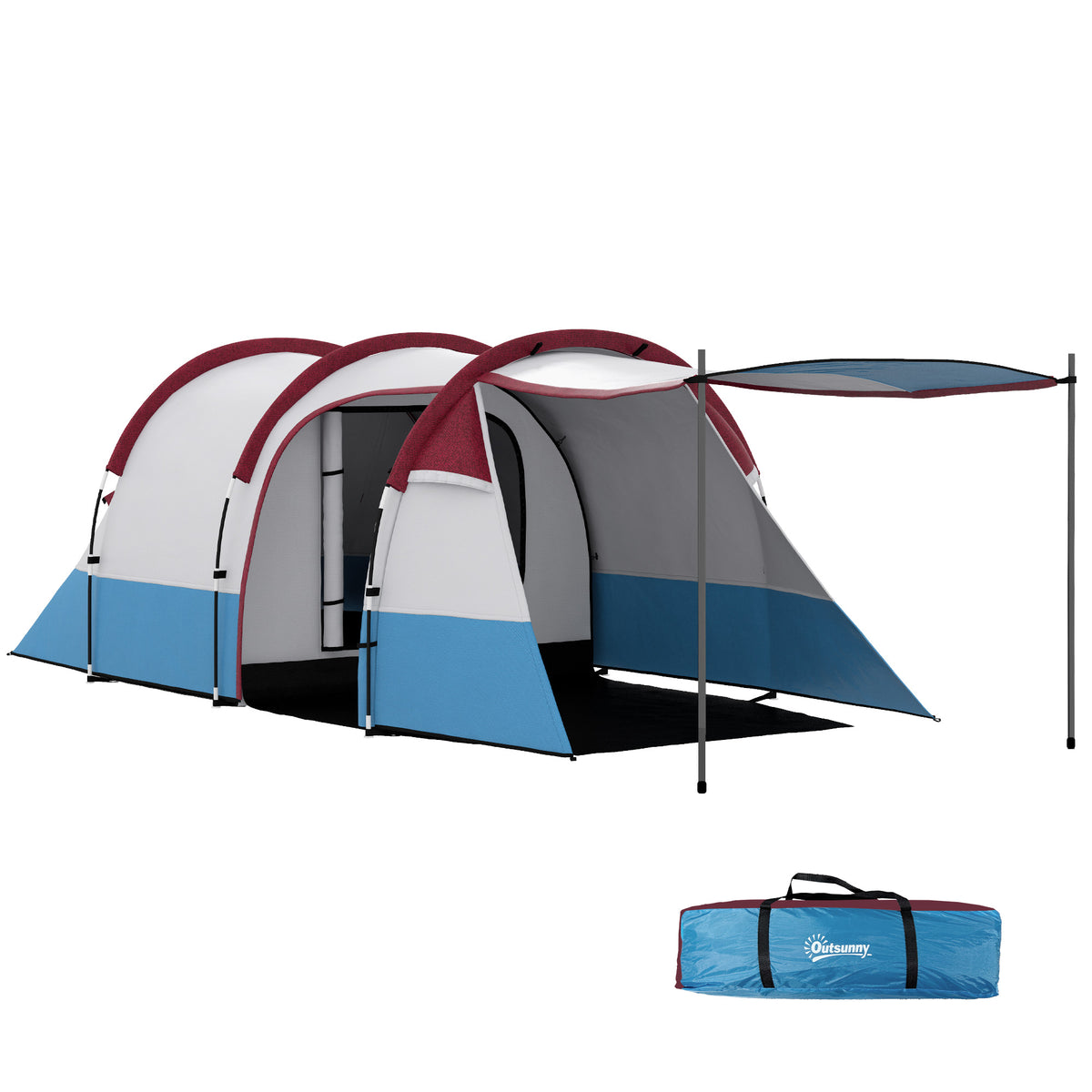 Tenda de Campismo Familiar para 3 Pessoas Tenda de Campismo Dobrável Leve com 2 Divisões Bolsa de Transporte Impermeável 2000 mm para Praia e Caminhadas 420x200x150 cm Azul Claro e Vermelho — foto 1