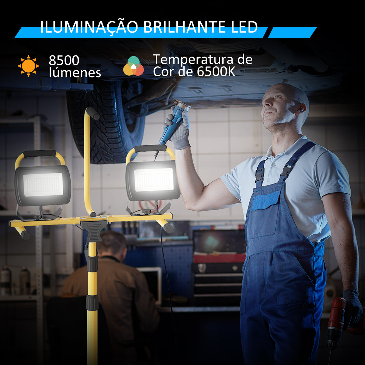 Projetor LED Duplo Recarregável de Alumínio com Tripé Dobrável 8500 Lúmenes IP65 6500K e Cabeças Ajustáveis para Trabalho Interior e Exterior Amarelo e Preto — foto 6