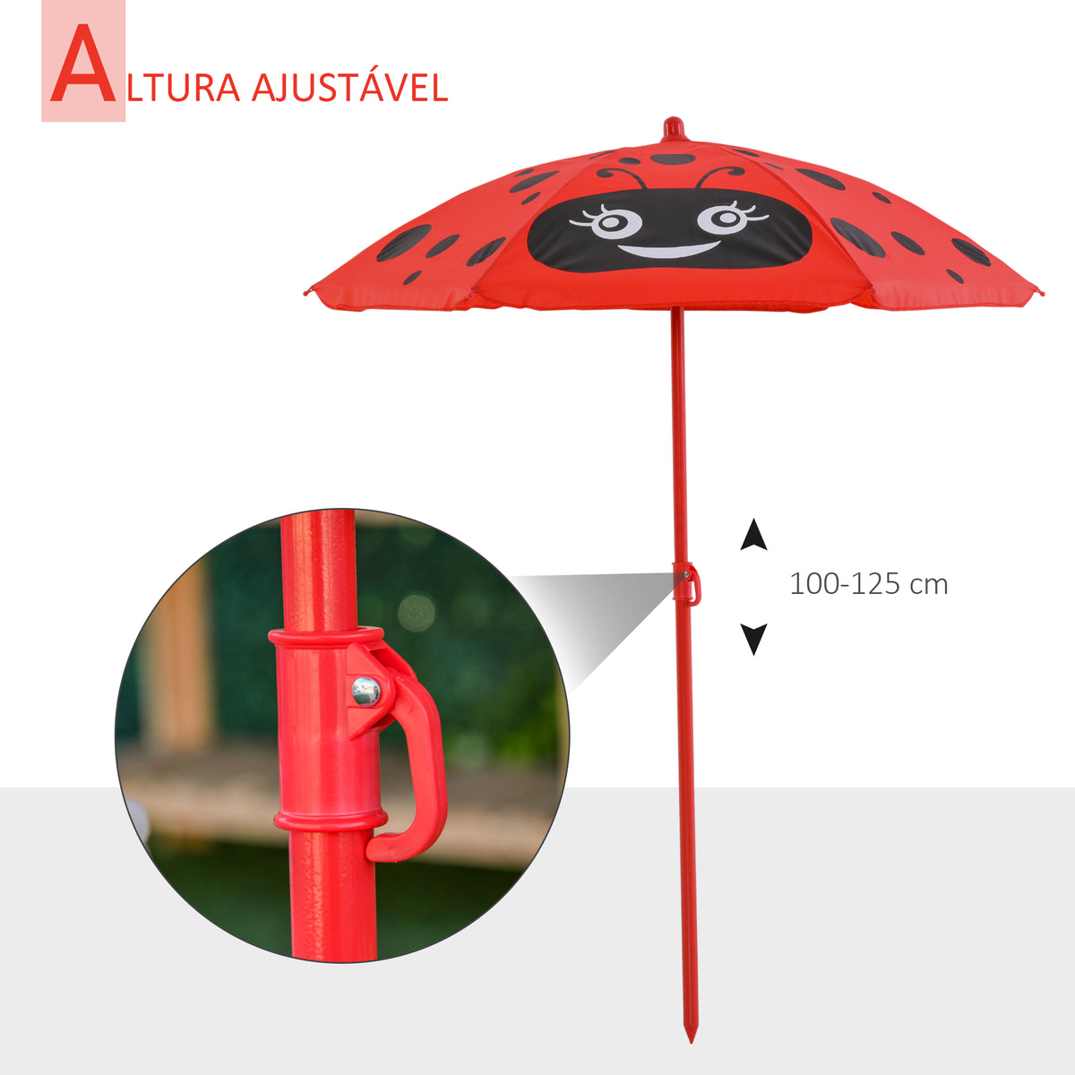 Conjunto de Mesa e Cadeira de Jardim Conjunto de Picnic Dobrável para Crianças Conjunto de Mesa com Chapéu de Sol com Altura Ajustável 100-125cm Desenho de Joaninha Vermelho — foto 6