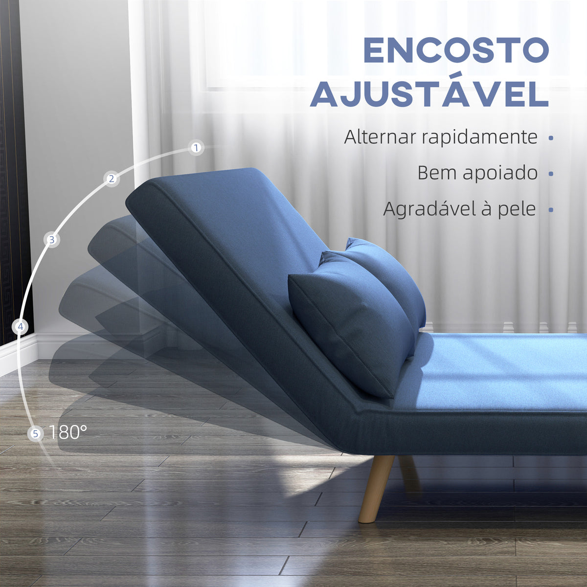 Sofá Cama de 2 Lugares Sofá Cama Dobrável Estofado em Linho com Encosto Ajustável em 5 Posições e 2 Almofadas Sofá Cama Pequeno para Sala de Estar 120x75x85 cm Azul Escuro — foto 5