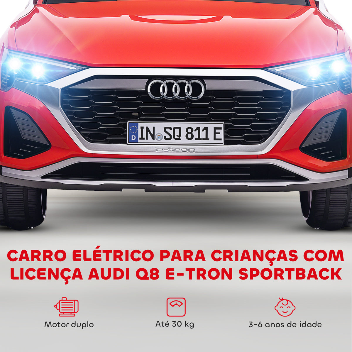 Carro Elétrico para Crianças acima de 3 Anos Carro Audi Q8 Etron Sportback Infantil com Bateria 12V Controlo Remoto Faróis Buzina e Música 98x49,5x43 cm Vermelho — foto 4