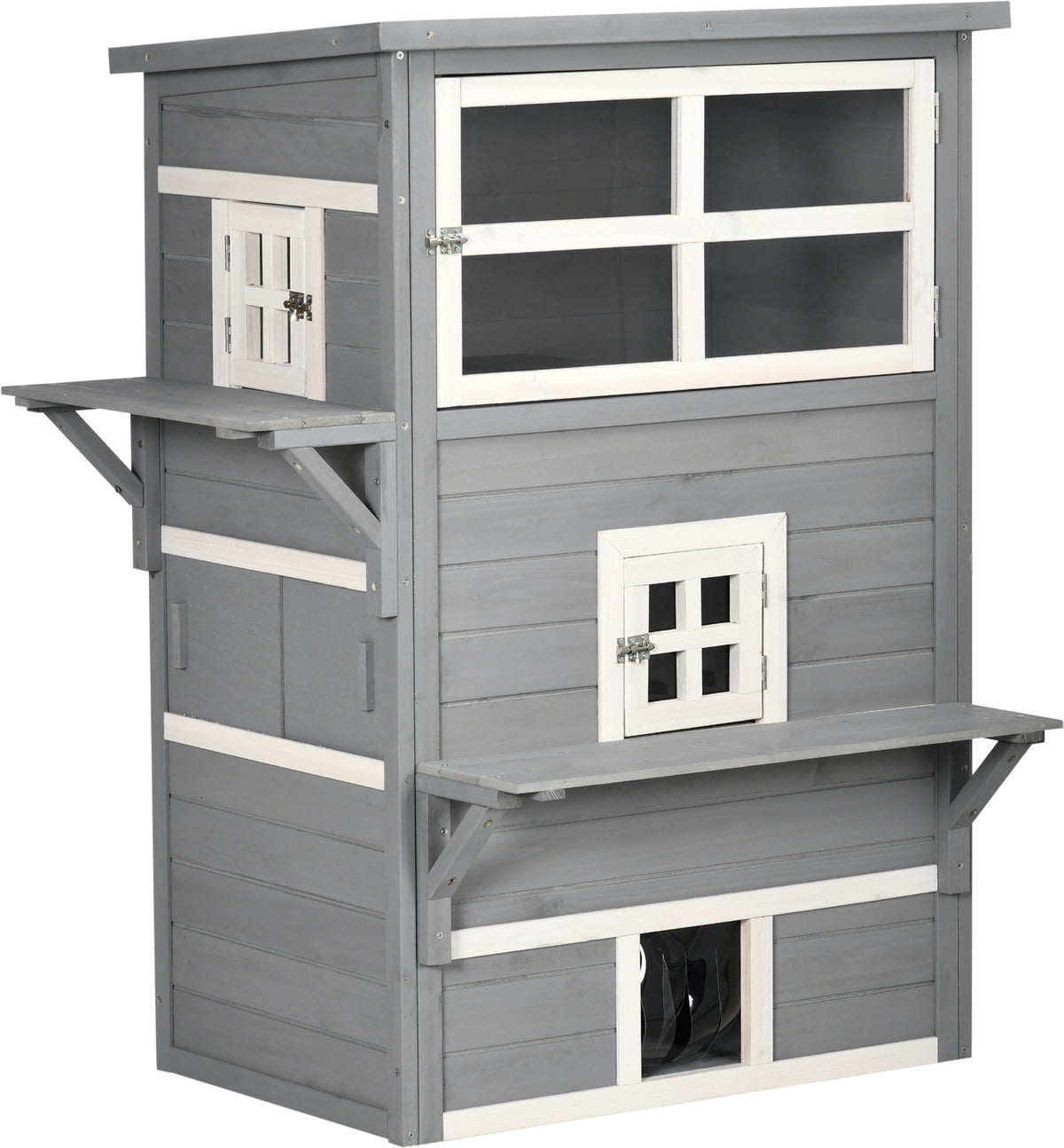 Casa para Gatos de Madeira Exterior Casa Grande para Gatos de 3 Andares com Múltiplas Entradas Janelas e 2 Plataformas para Terraço Balcão Jardim 98x68,5x122cm Cinza — foto 1