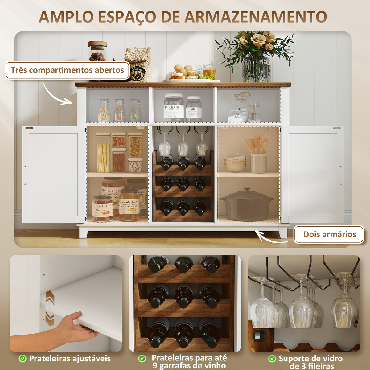 Aparador de Cozinha com Suporte para Garrafas Aparador com 2 Portas de Celeiro Prateleiras Ajustáveis e Suporte para Copos para 9 Garrafas Buffet Auxiliar de Cozinha 120x37x88 cm Branco — foto 4