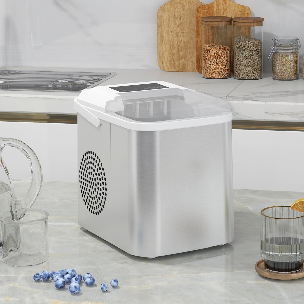Máquina de Fazer Gelo Silenciosa Márquina de Fazer Gelo com Produção de 12 kg em 24 Horas 9 Cubos de Gelo em 6-13 Minutos com Autolimpeza Alça Pá Cesta 22,8x30,3x29 cm Branco — foto 2