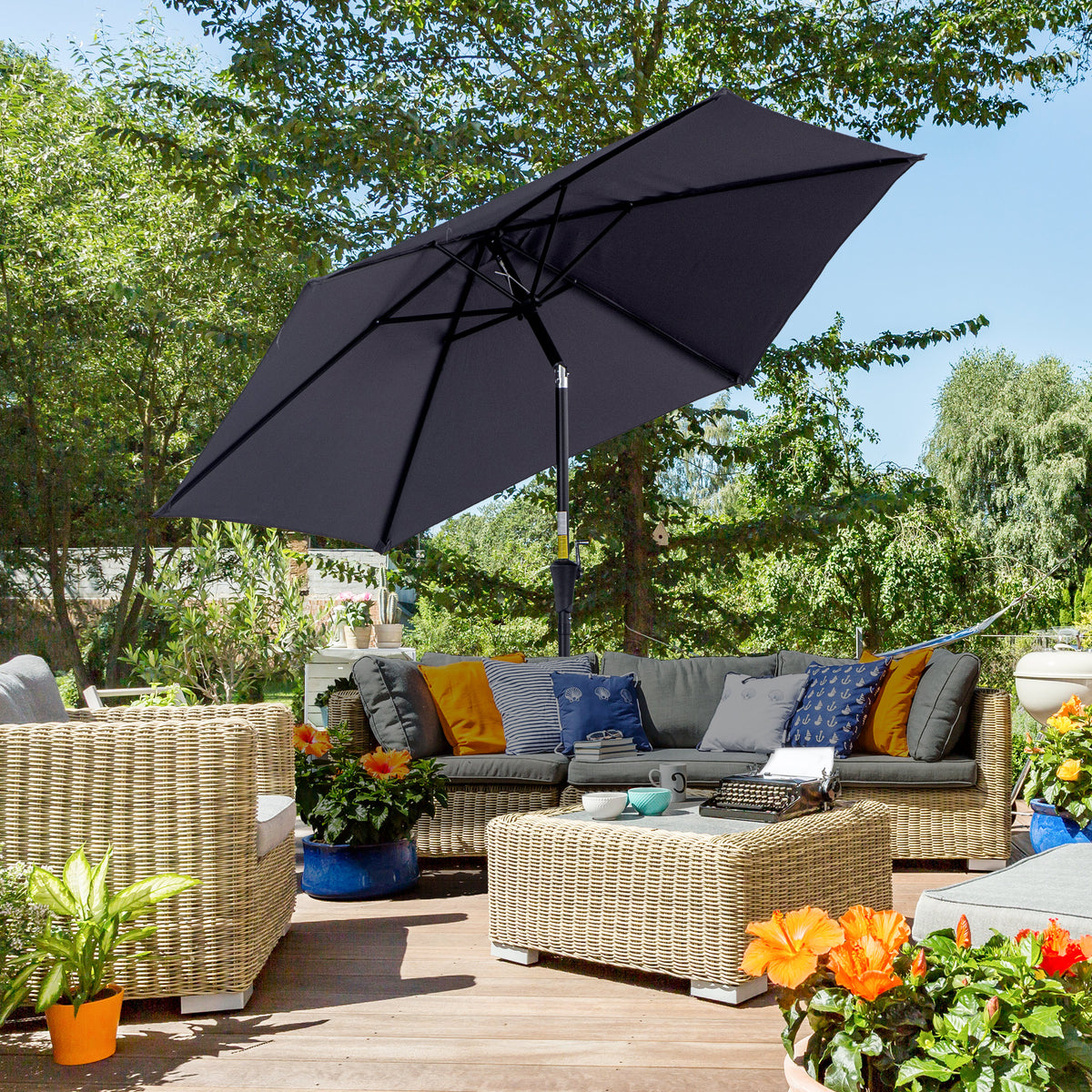 Chapéu de Sol de Jardim Ø270x235cm Chapéu de Sol de Alumínio Reclinável com Manivela e 6 Hastes para Terraço Exterior Balcão Cinza — foto 2